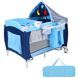 Foldable baby crib playpen with mosquito net and bag, angled view showcasing its compact design and portability.