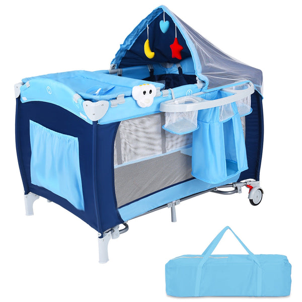 Foldable baby crib playpen with mosquito net and bag, angled view showcasing its compact design and portability.
