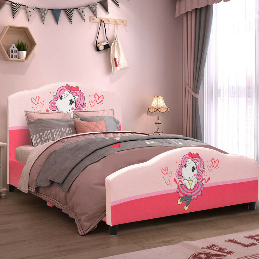 Upholstered toddler bed for girls with playful patterns, perfect for kids' rooms and cozy sleep.