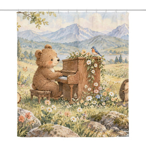 Bear Piano shower curtain, full front view of the 71 x 74 in fabric curtain