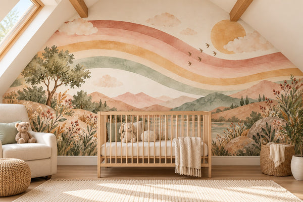 Watercolor Wavy Rainbow Lake Wall Mural, image 1