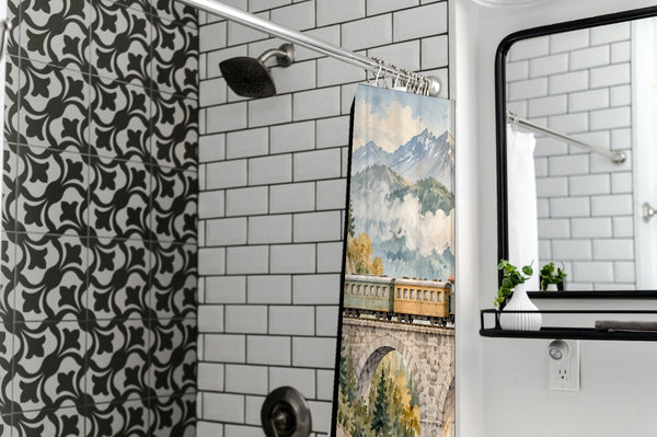 Mountain Bridge Train shower curtain in a modern farmhouse bathroom with subway tile