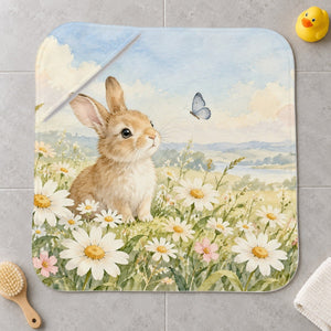 Daisy Meadow Bunny kids hooded bath towel laid flat