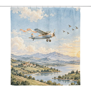 Balloon and Plane shower curtain, full front view of the 71 x 74 in fabric curtain
