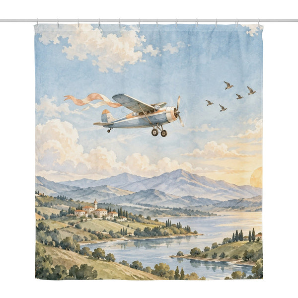 Balloon and Plane shower curtain, full front view of the 71 x 74 in fabric curtain