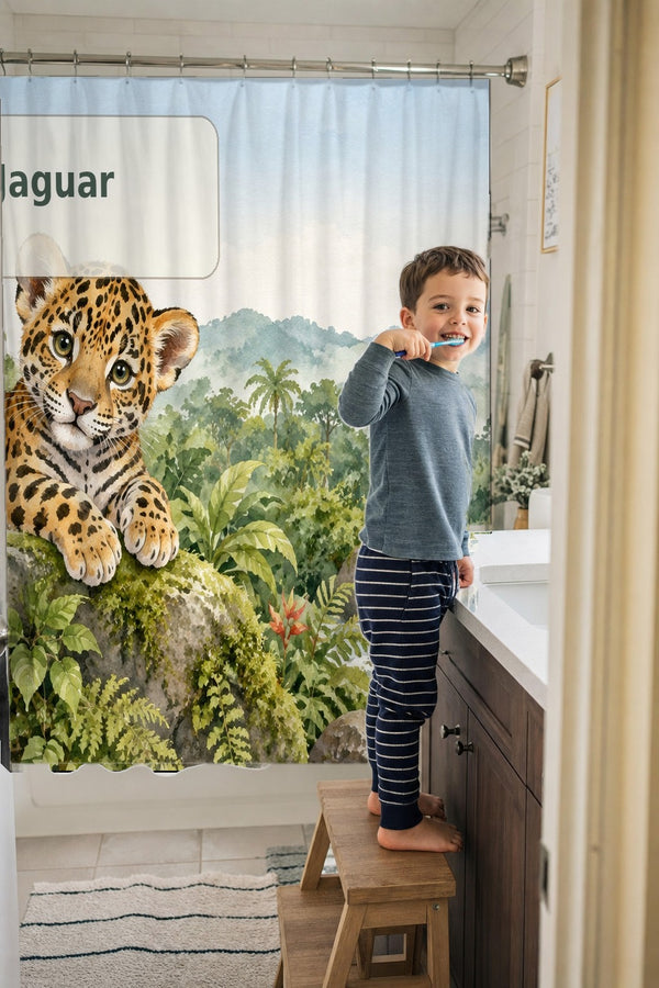 Child brushing teeth in a family bathroom with the J is for Jaguar Alphabet shower curtain