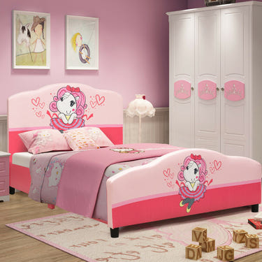 Upholstered toddler bed for girls with playful patterns, perfect for kids' rooms and cozy sleep.