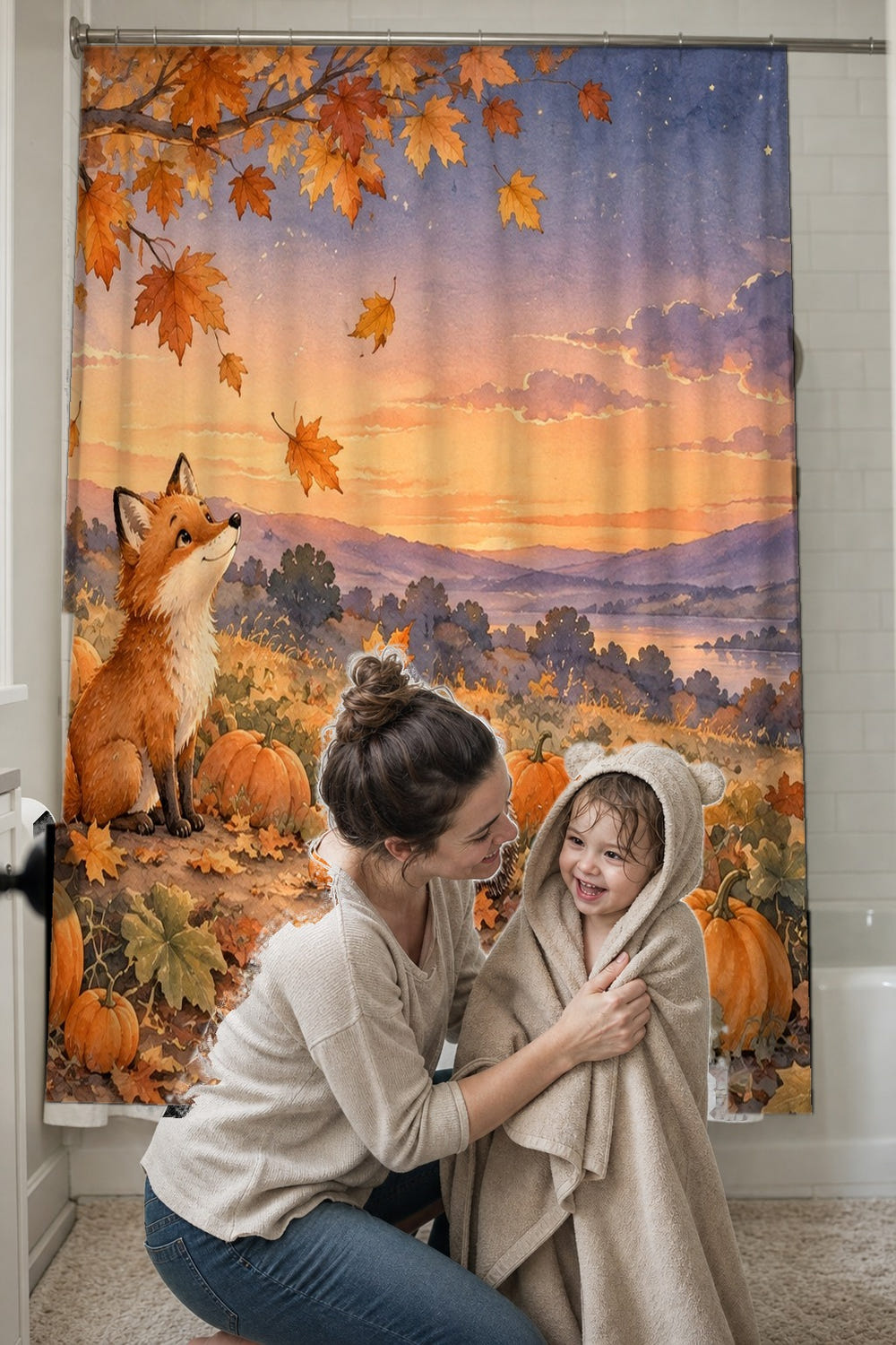 Pumpkin Patch Halloween shower curtain, full front view of the 71 x 74 in fabric curtain