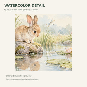 Watercolor Quiet Garden Pond Bunny Wall Mural, image 4