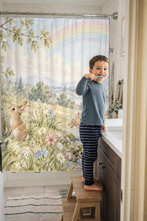 Child brushing teeth in a family bathroom with the Rainbow Meadow Bunny shower curtain