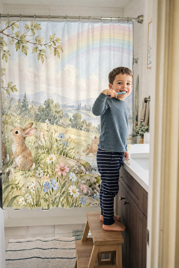 Child brushing teeth in a family bathroom with the Rainbow Meadow Bunny shower curtain