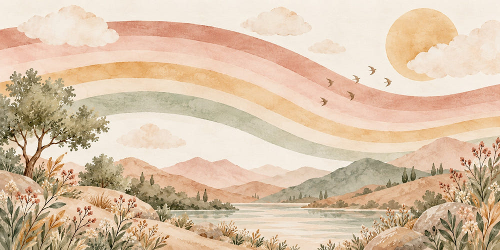 Watercolor Wavy Rainbow Lake Wall Mural, image 1