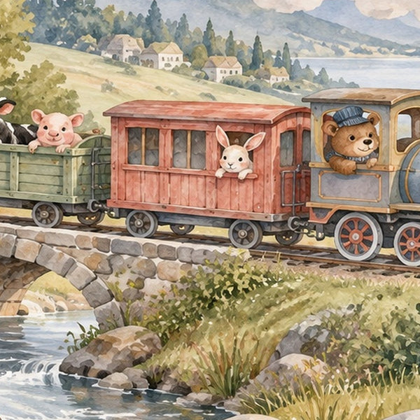 Countryside Train shower curtain, close up of the watercolor artwork