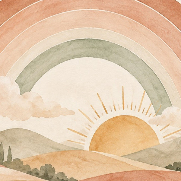 Rainbow Sunrise Hills kids bath mat, close up of the watercolor artwork