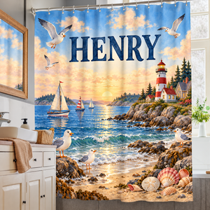 Coastal Lighthouse personalized kids shower curtain over a bathtub