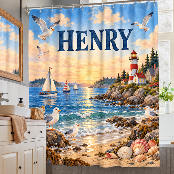 Coastal Lighthouse personalized kids shower curtain over a bathtub
