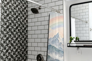 Sunrise Lake Rainbow shower curtain in a modern farmhouse bathroom with subway tile