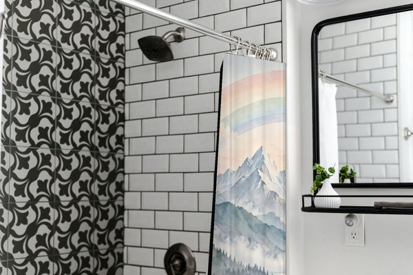 Sunrise Lake Rainbow shower curtain in a modern farmhouse bathroom with subway tile