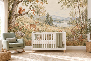 Watercolor Squirrel and Fawn Forest Wall Mural, image 1
