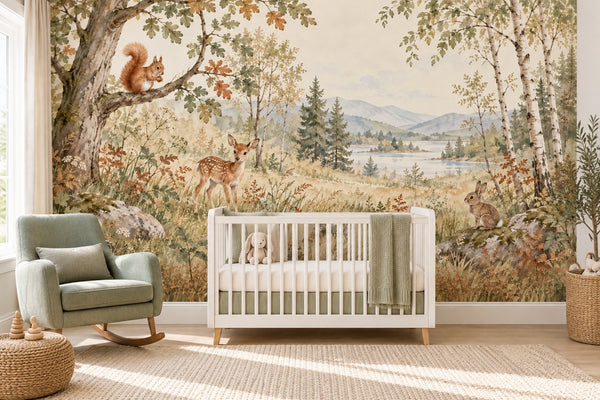 Watercolor Squirrel and Fawn Forest Wall Mural, image 1