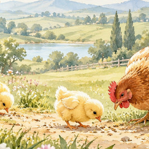 Chicks Field Farm shower curtain, close up of the watercolor artwork