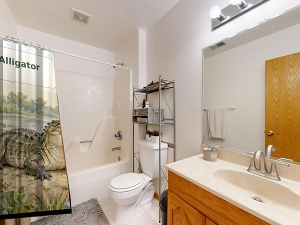 A is for Alligator Alphabet shower curtain on a tub shower combo in an American family bathroom