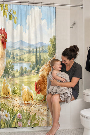 Mom holding her baby on the tub edge next to the Chicks Field Farm shower curtain