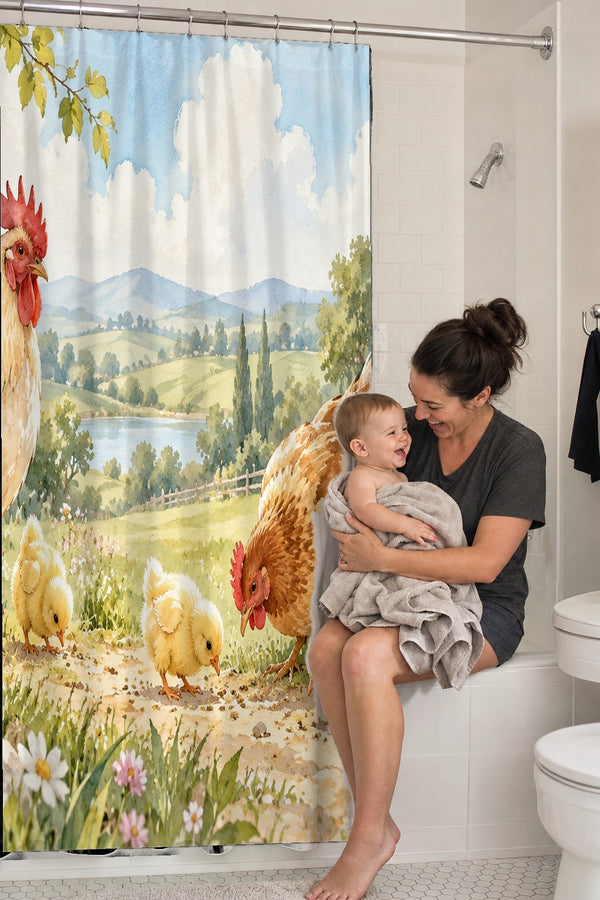 Mom holding her baby on the tub edge next to the Chicks Field Farm shower curtain
