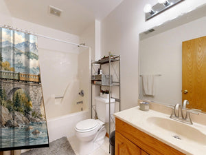 Mountain Bridge Train shower curtain on a tub shower combo in an American family bathroom