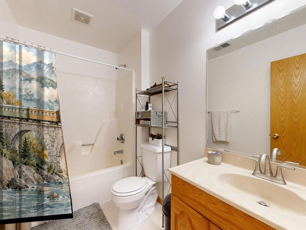 Mountain Bridge Train shower curtain on a tub shower combo in an American family bathroom