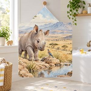 Baby Rhino Safari kids hooded bath towel hanging in a kids bathroom