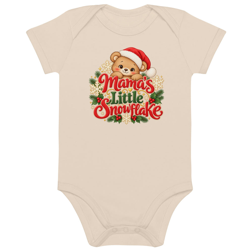 Mama's Little Snowflake organic cotton baby bodysuit in white, front view