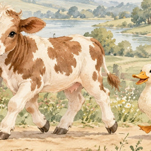 Farm Parade shower curtain, close up of the watercolor artwork