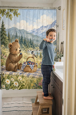 Child brushing teeth in a family bathroom with the Meadow Picnic Camping shower curtain