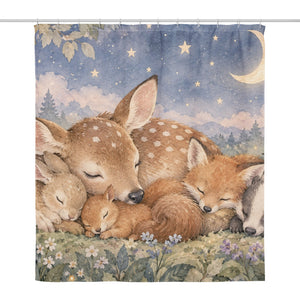 Woodland Friends shower curtain, full front view of the 71 x 74 in fabric curtain
