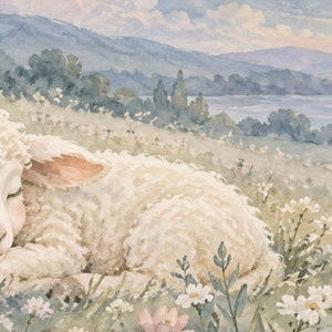 Meadow Lamb shower curtain, close up of the watercolor artwork