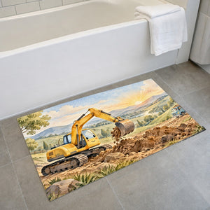 Sunrise Excavator bath mat on the floor in front of the tub