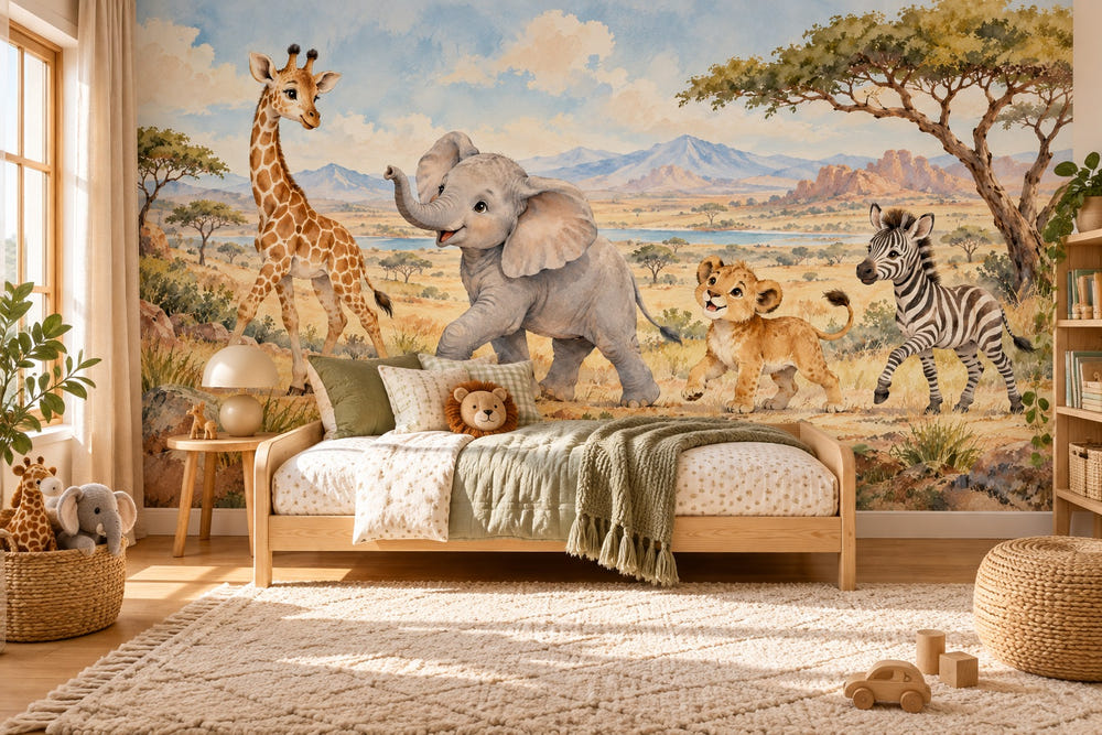 Watercolor Safari Parade Wall Mural, image 1