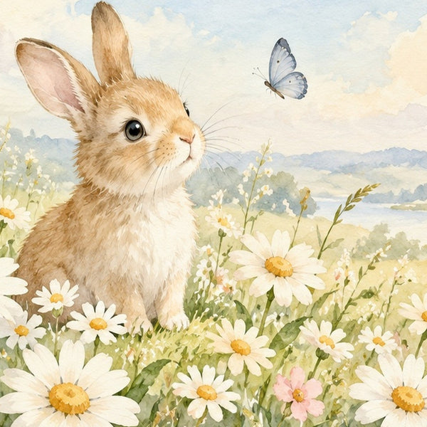 Daisy Meadow Bunny kids bath mat, close up of the watercolor artwork