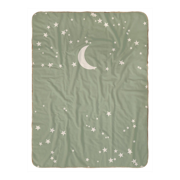 Personalize the Moon and Stars sherpa baby blanket in sage with your baby's name