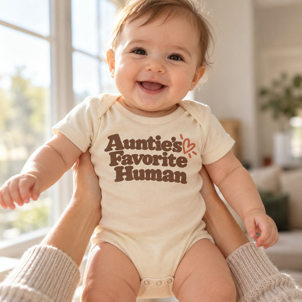 Baby wearing the Auntie's Favorite Human baby bodysuit