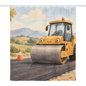 Road Roller shower curtain, full front view of the 71 x 74 in fabric curtain
