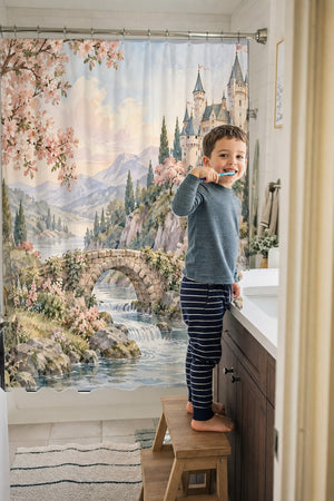Child brushing teeth in a family bathroom with the Woodland Castle Fairy Tale shower curtain