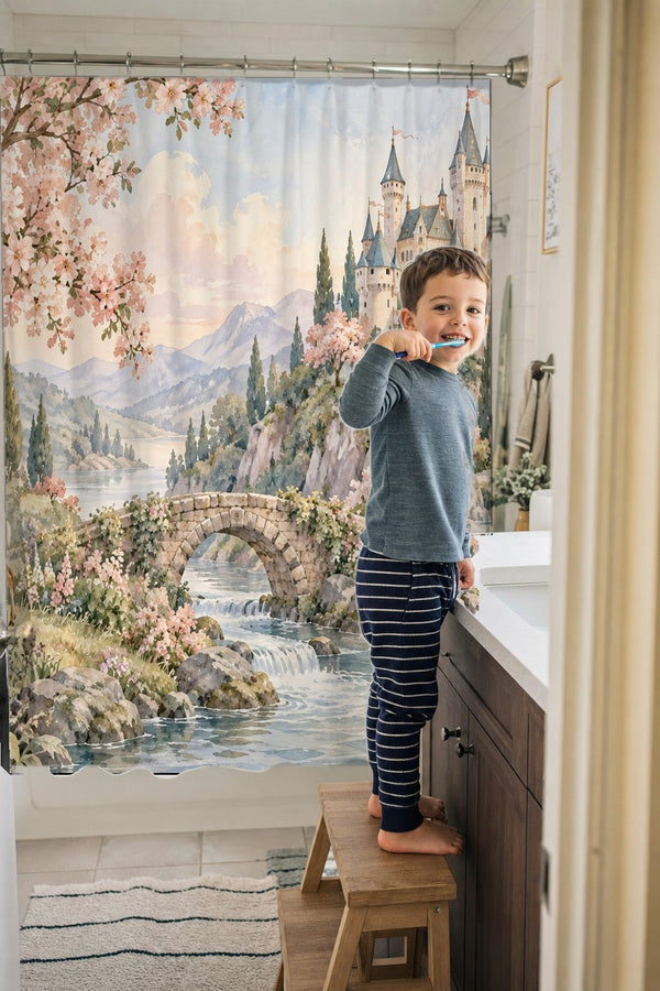 Child brushing teeth in a family bathroom with the Woodland Castle Fairy Tale shower curtain
