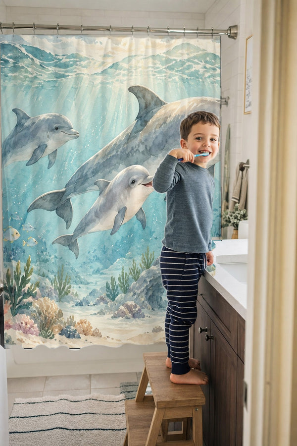 Child brushing teeth in a family bathroom with the Dolphin Family Ocean shower curtain
