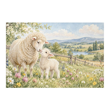 Lamb Meadow Farm kids rug, full view of the printed design