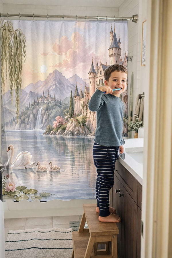 Child brushing teeth in a family bathroom with the Lakeside Castle Fairy Tale shower curtain