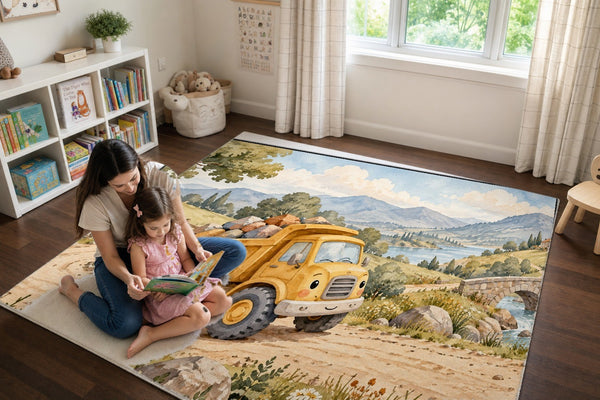Mom and daughter reading a book on the Dump Truck Road play rug