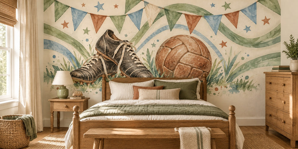 Watercolor Vintage Soccer Gear Wall Mural, image 1
