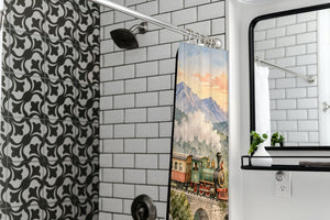 Sunrise Train shower curtain in a modern farmhouse bathroom with subway tile